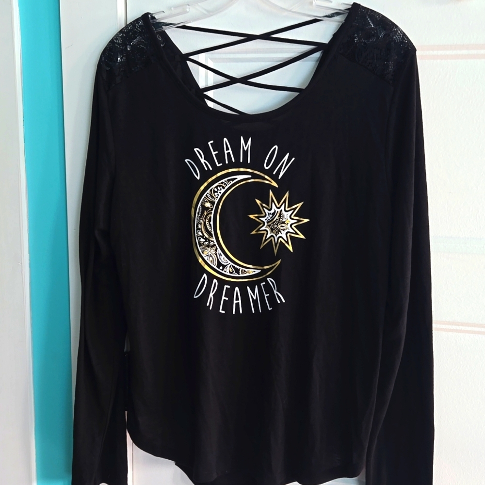 Dream on Dreamer moon star criss-cross and lace top sz Juniors XL 15 NWOT Wmn MD
